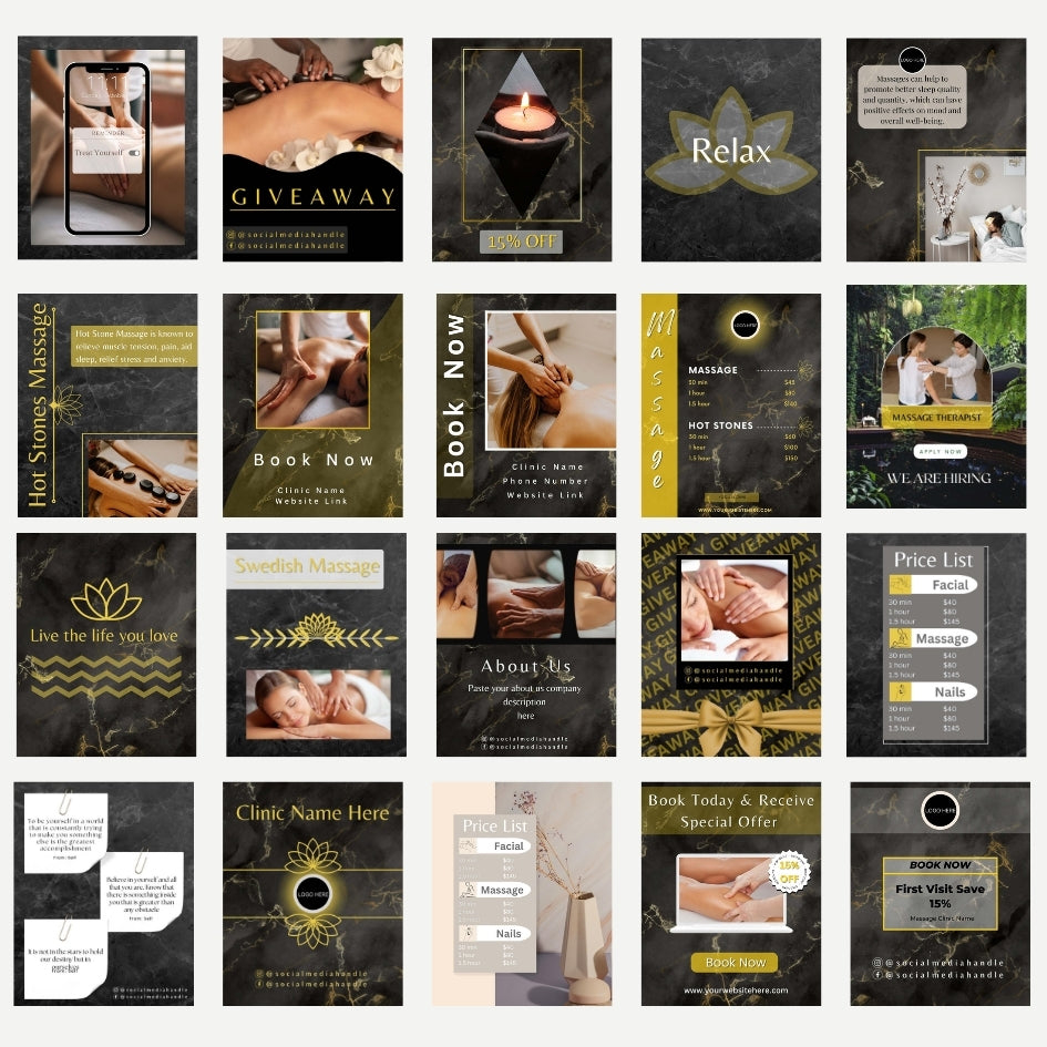 30 Dark HQ Massage Therapist Social Media Post Templates I Massage Instagram Template I Spa Instagram Template I Clinic Instagram Template